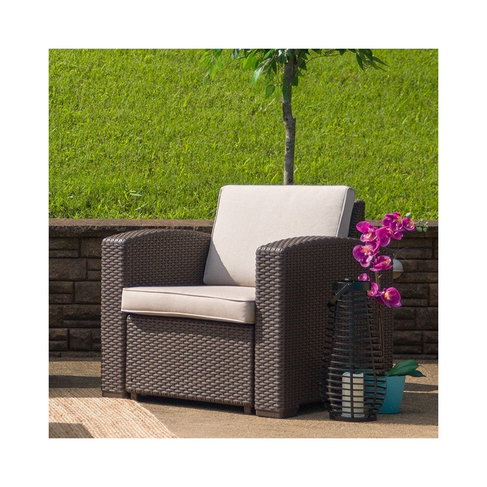 Chocolate Brown Faux Rattan Chair with All-Weather Beige Cushion