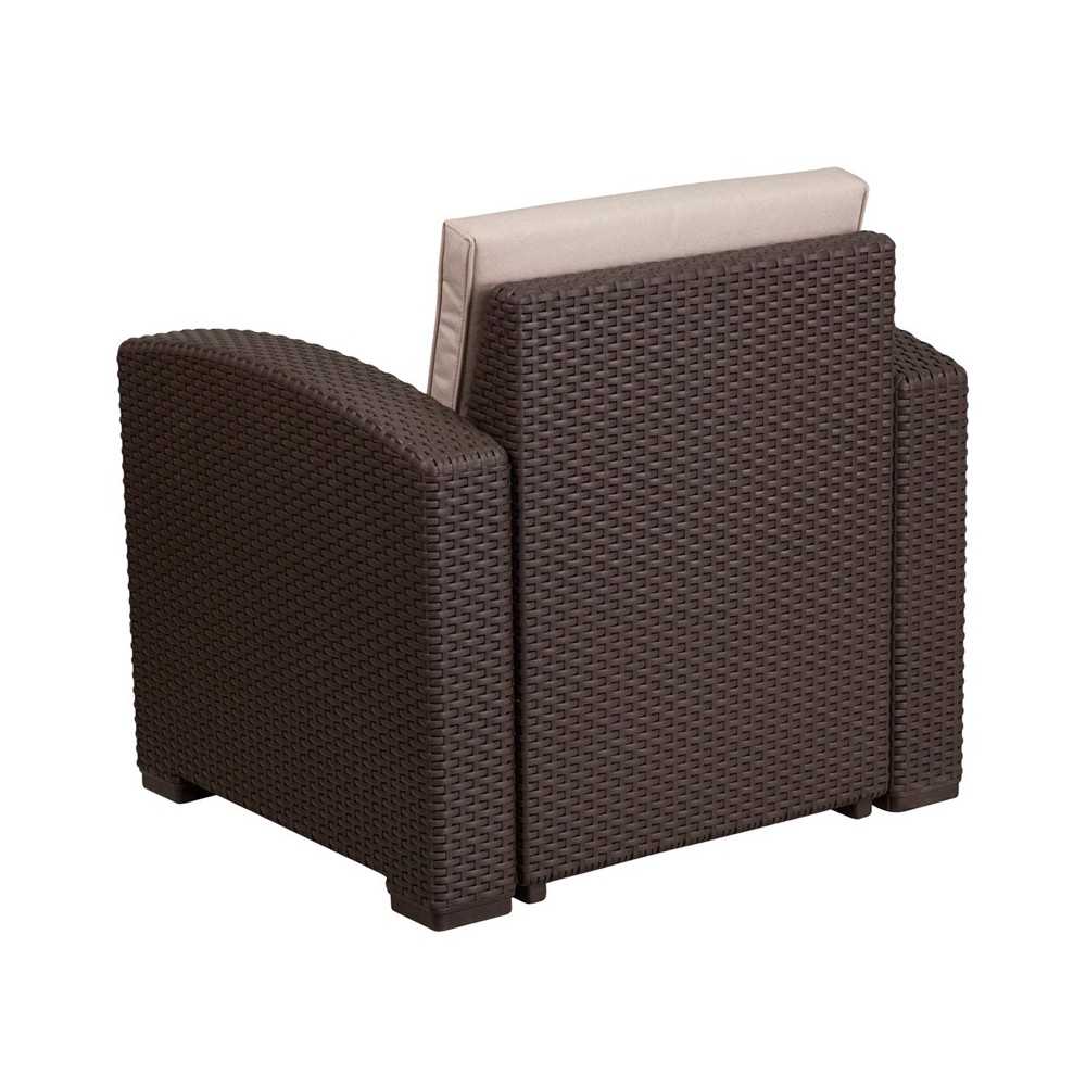 Chocolate Brown Faux Rattan Chair with All-Weather Beige Cushion
