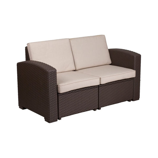 Chocolate Brown Faux Rattan Loveseat with All-Weather Beige Cushions