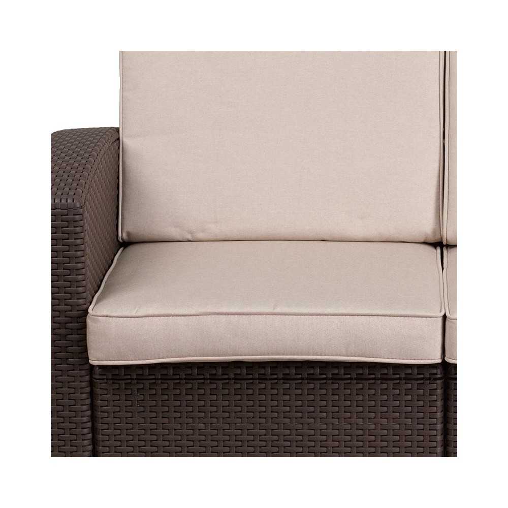 Chocolate Brown Faux Rattan Loveseat with All-Weather Beige Cushions