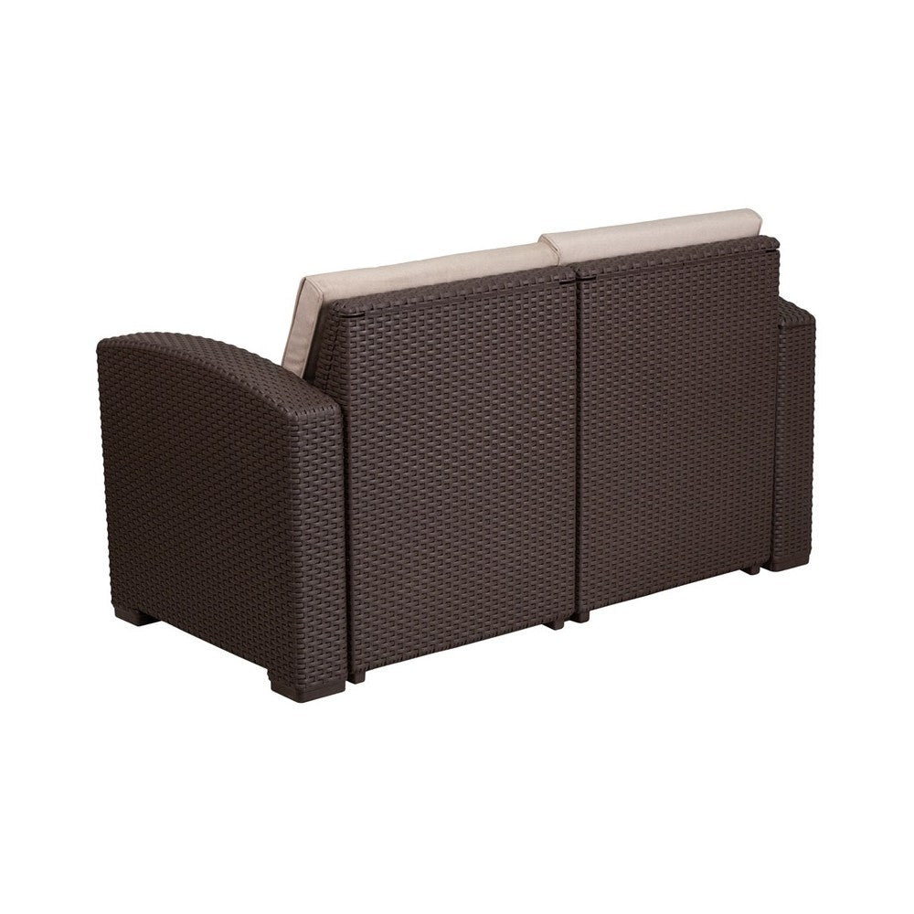 Chocolate Brown Faux Rattan Loveseat with All-Weather Beige Cushions
