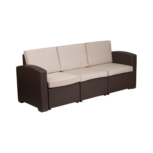 Chocolate Brown Faux Rattan Sofa with All-Weather Beige Cushions