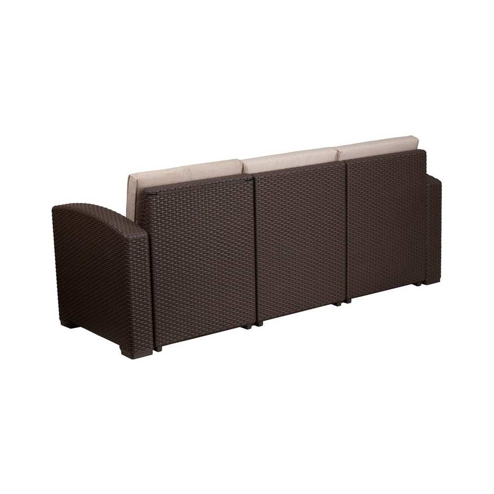 Chocolate Brown Faux Rattan Sofa with All-Weather Beige Cushions