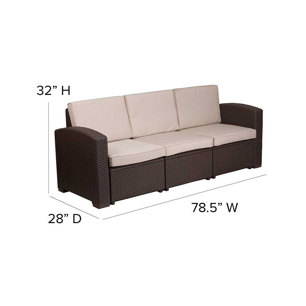 Chocolate Brown Faux Rattan Sofa with All-Weather Beige Cushions