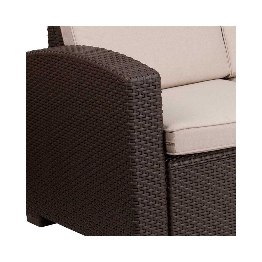 Chocolate Brown Faux Rattan Sofa with All-Weather Beige Cushions