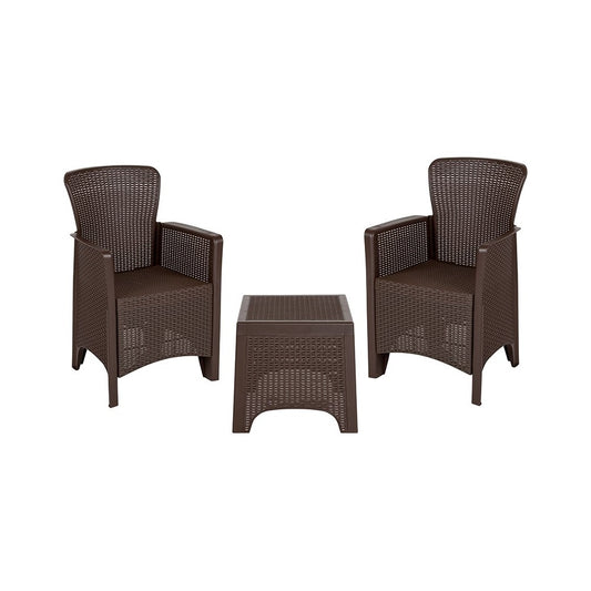 Chocolate Faux Rattan Plastic Chair Set with Matching Side Table