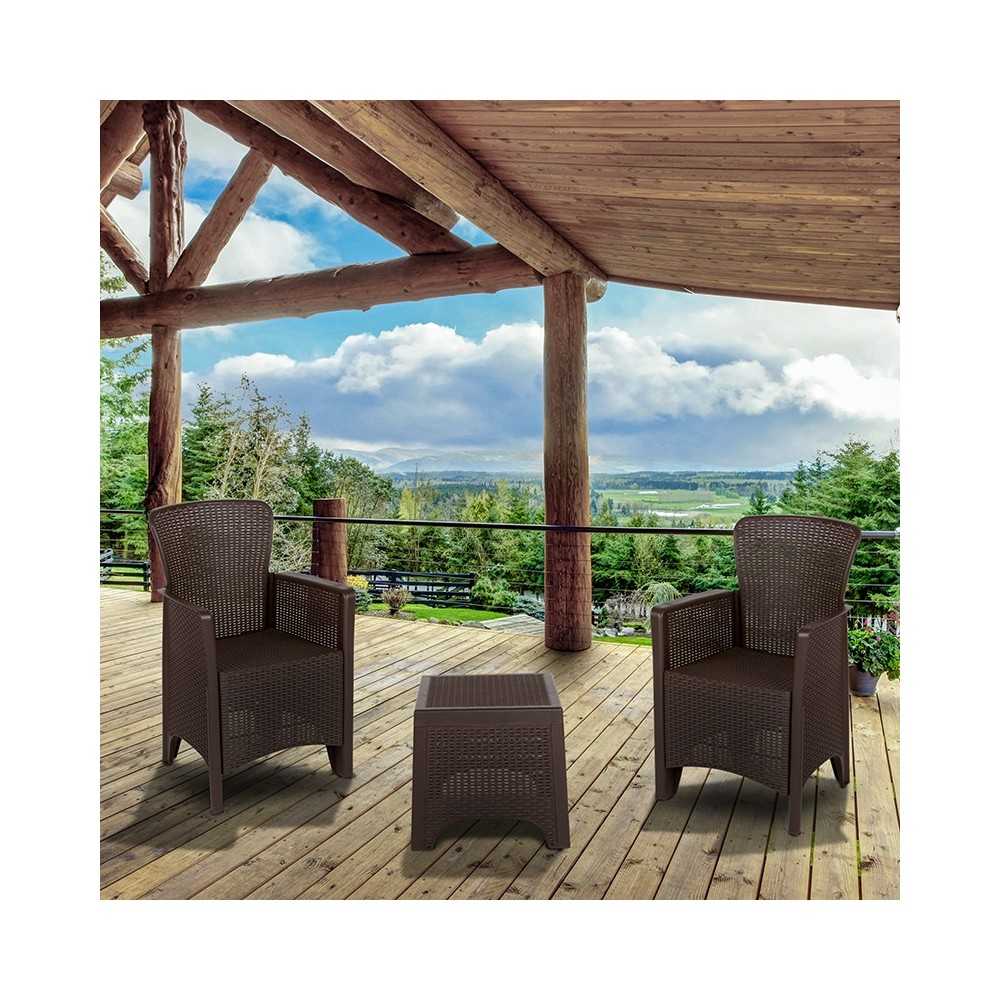 Chocolate Faux Rattan Plastic Chair Set with Matching Side Table