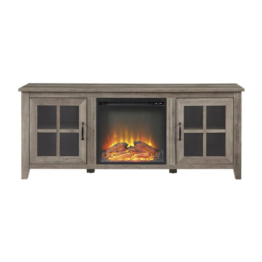 Classic Windowpane Glass-Door Fireplace TV Stand for TVs up to 65" - Gray Wash