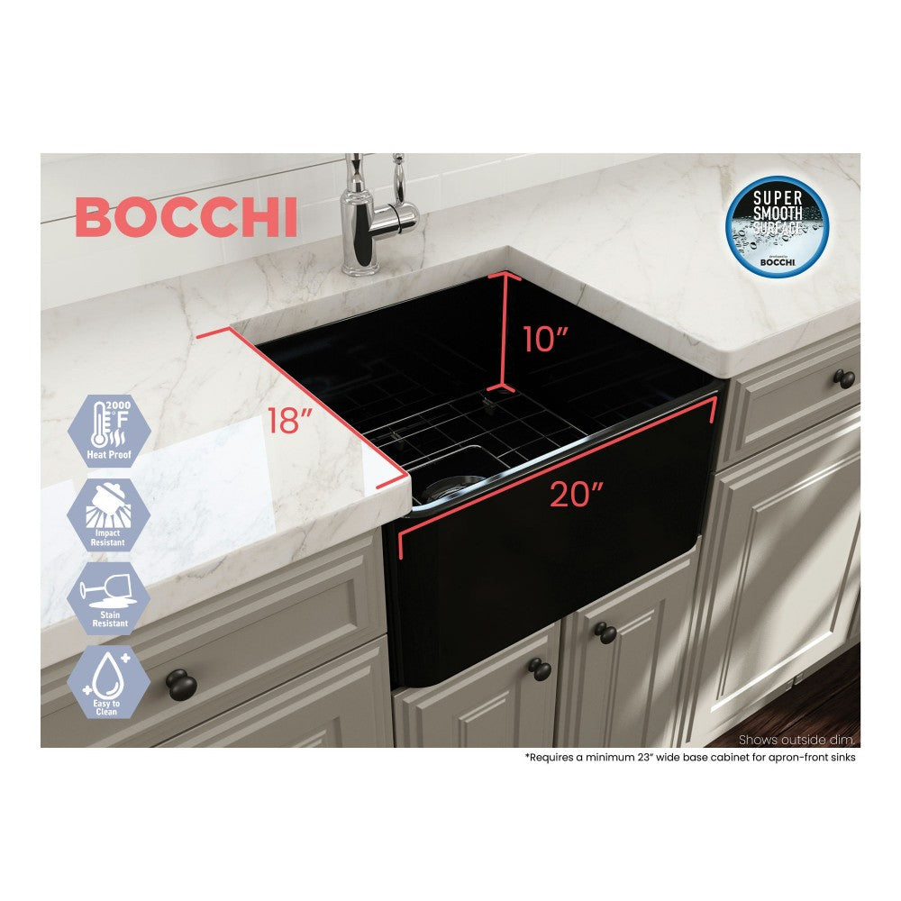 Classico Farmhouse Apron Front Fireclay 20 in. Single Bowl Kitchen Sink with Protective Bottom Grid and Strainer in Matte Black