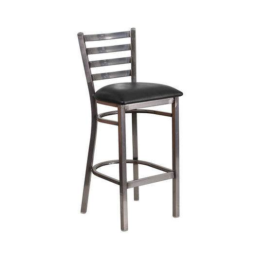 Clear Coated Ladder Back Metal Restaurant Barstool - Black Vinyl Seat