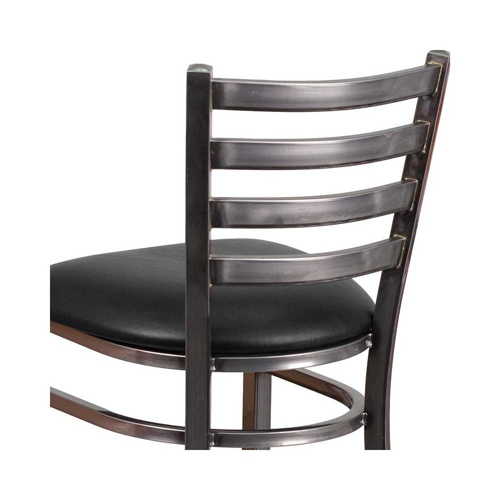Clear Coated Ladder Back Metal Restaurant Barstool - Black Vinyl Seat