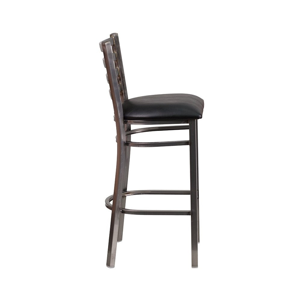 Clear Coated Ladder Back Metal Restaurant Barstool - Black Vinyl Seat
