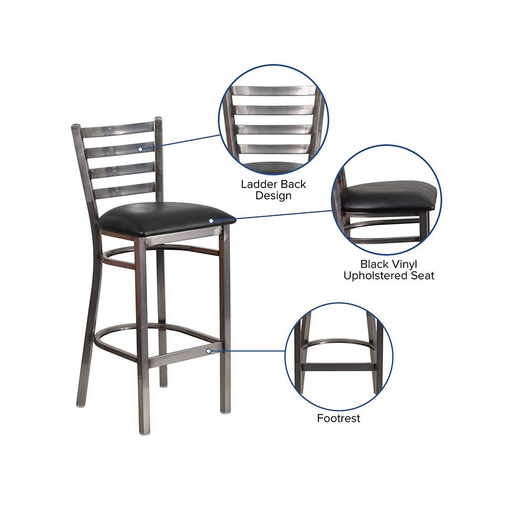 Clear Coated Ladder Back Metal Restaurant Barstool - Black Vinyl Seat