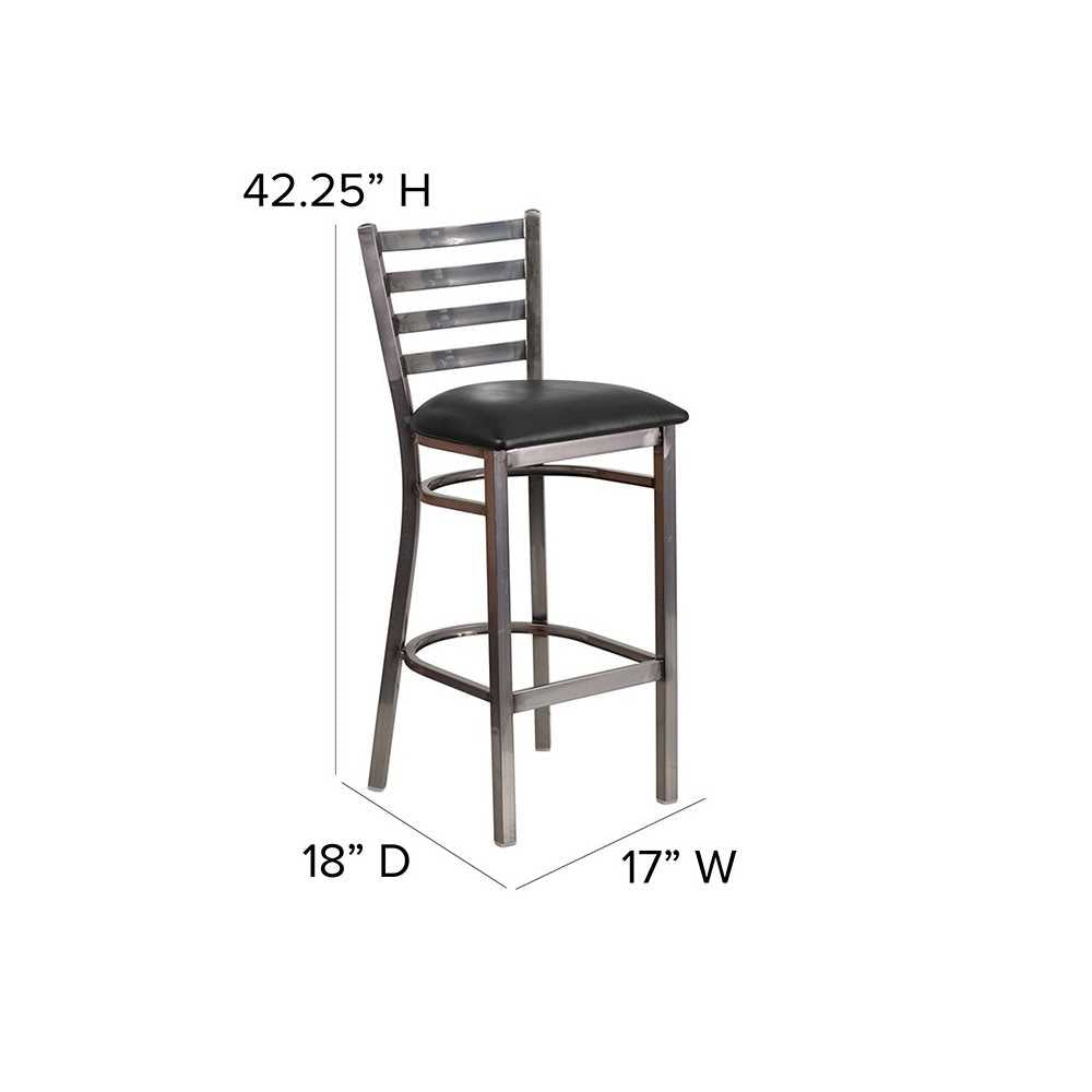 Clear Coated Ladder Back Metal Restaurant Barstool - Black Vinyl Seat