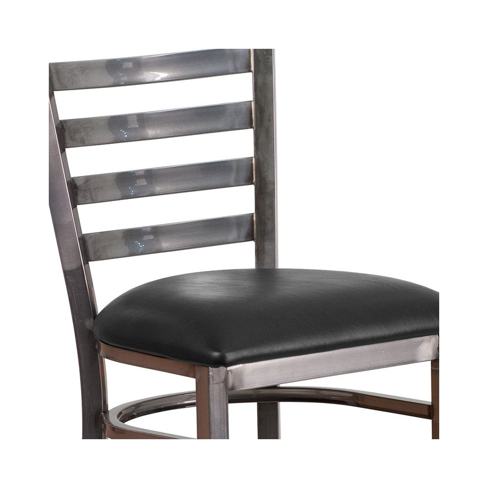 Clear Coated Ladder Back Metal Restaurant Barstool - Black Vinyl Seat