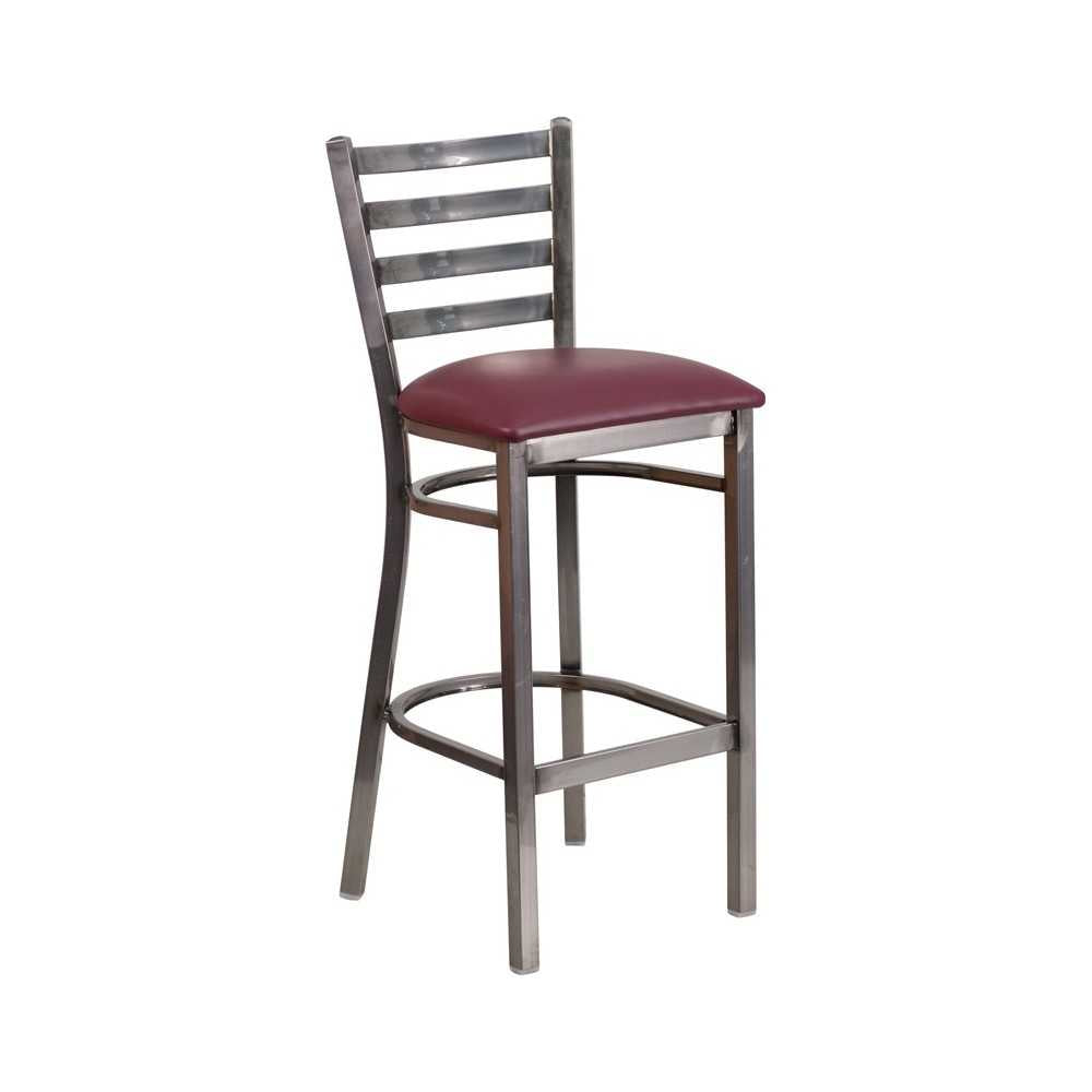 Clear Coated Ladder Back Metal Restaurant Barstool - Burgundy Vinyl Seat