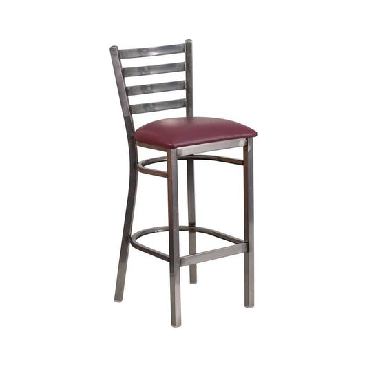 Clear Coated Ladder Back Metal Restaurant Barstool - Burgundy Vinyl Seat