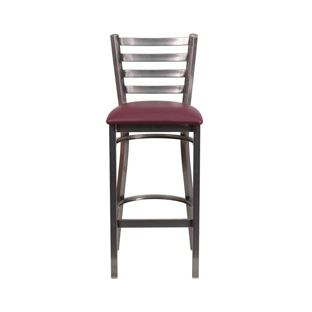 Clear Coated Ladder Back Metal Restaurant Barstool - Burgundy Vinyl Seat