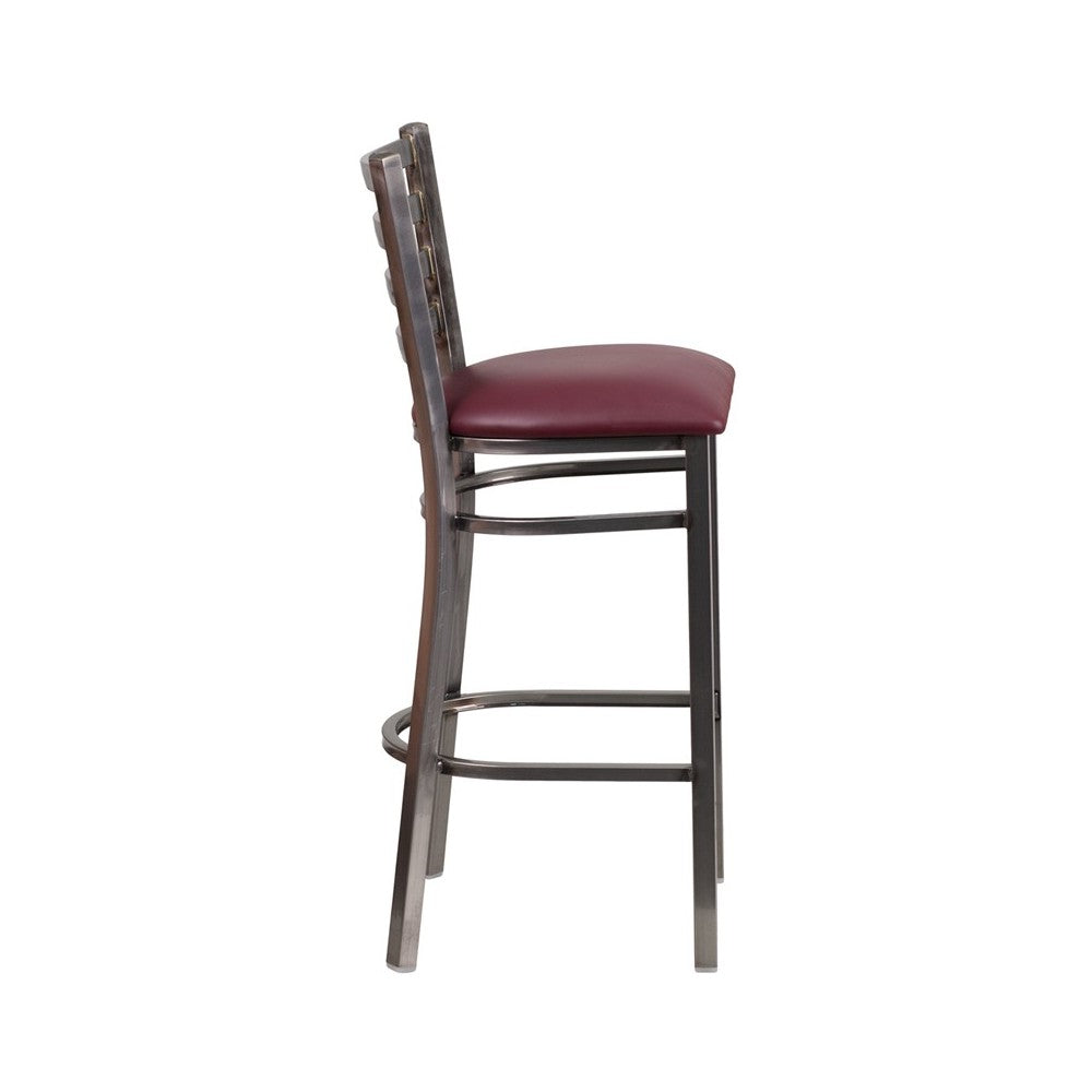 Clear Coated Ladder Back Metal Restaurant Barstool - Burgundy Vinyl Seat