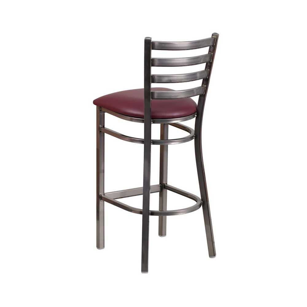 Clear Coated Ladder Back Metal Restaurant Barstool - Burgundy Vinyl Seat