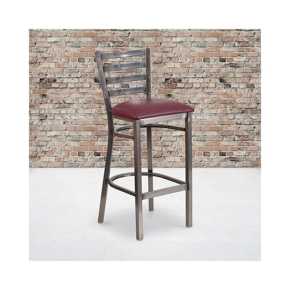 Clear Coated Ladder Back Metal Restaurant Barstool - Burgundy Vinyl Seat