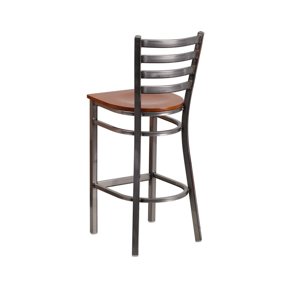 Clear Coated Ladder Back Metal Restaurant Barstool - Cherry Wood Seat