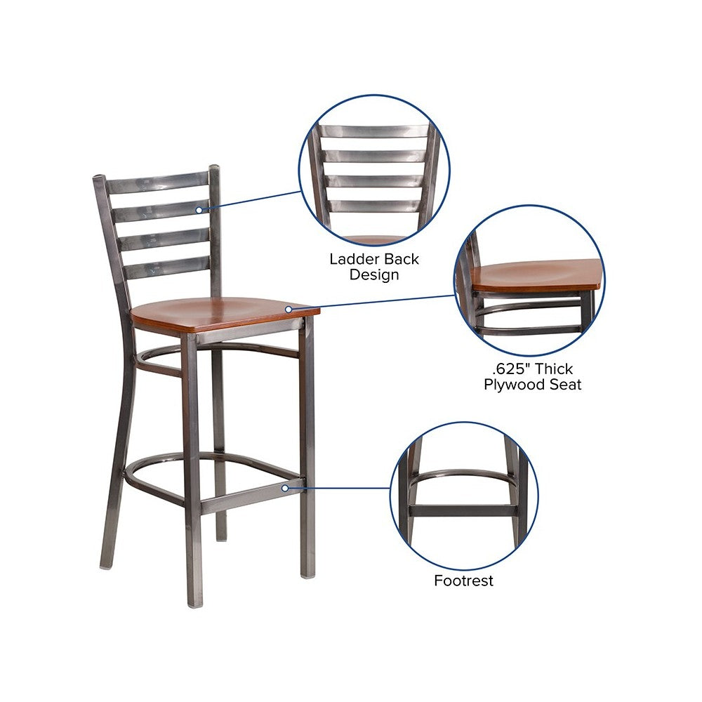 Clear Coated Ladder Back Metal Restaurant Barstool - Cherry Wood Seat