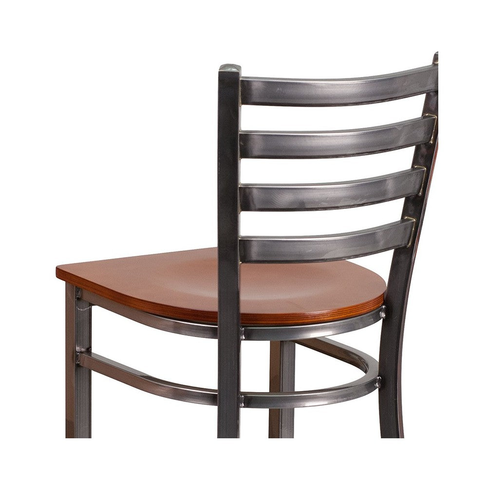 Clear Coated Ladder Back Metal Restaurant Barstool - Cherry Wood Seat