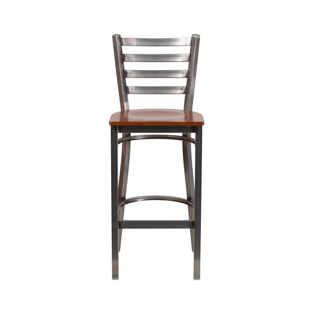 Clear Coated Ladder Back Metal Restaurant Barstool - Cherry Wood Seat