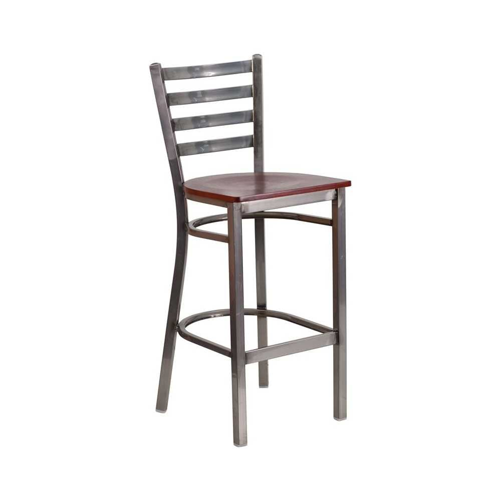 Clear Coated Ladder Back Metal Restaurant Barstool - Mahogany Wood Seat