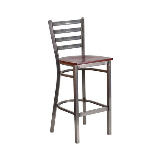 Clear Coated Ladder Back Metal Restaurant Barstool - Mahogany Wood Seat