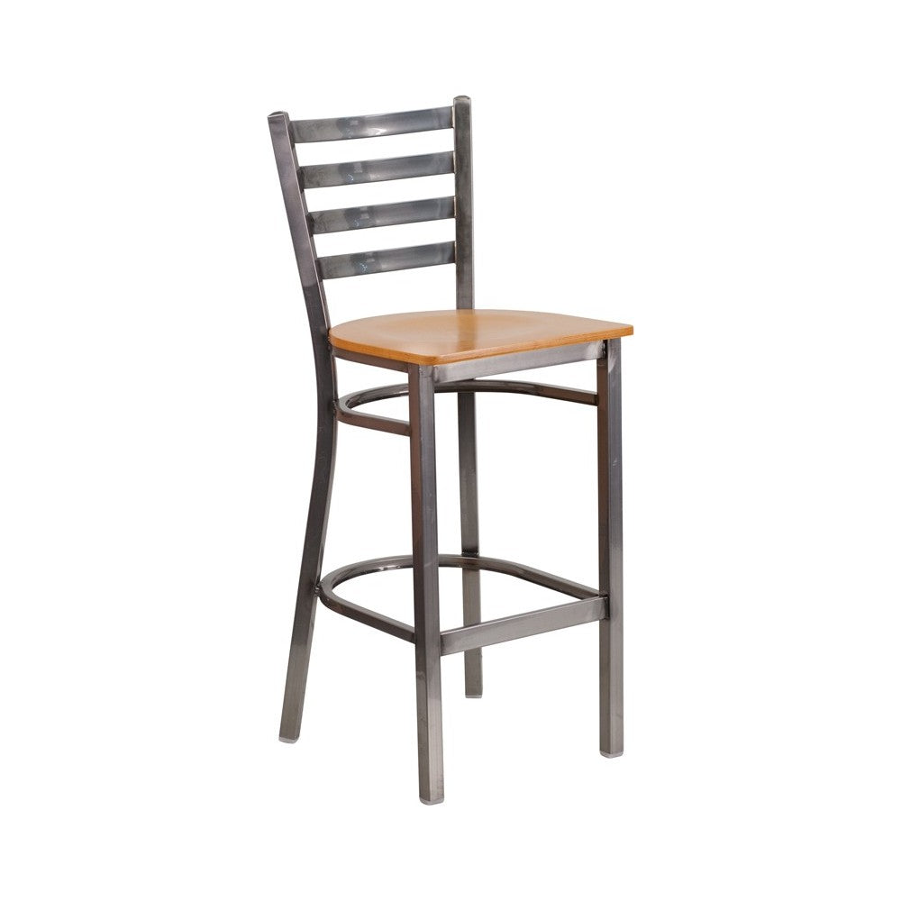 Clear Coated Ladder Back Metal Restaurant Barstool - Natural Wood Seat