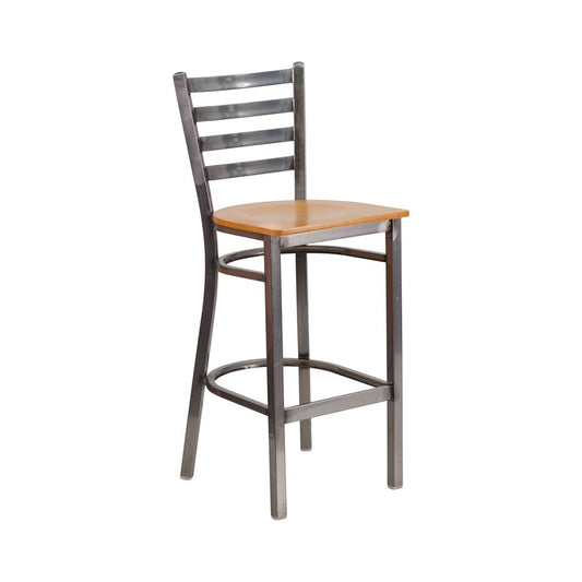 Clear Coated Ladder Back Metal Restaurant Barstool - Natural Wood Seat