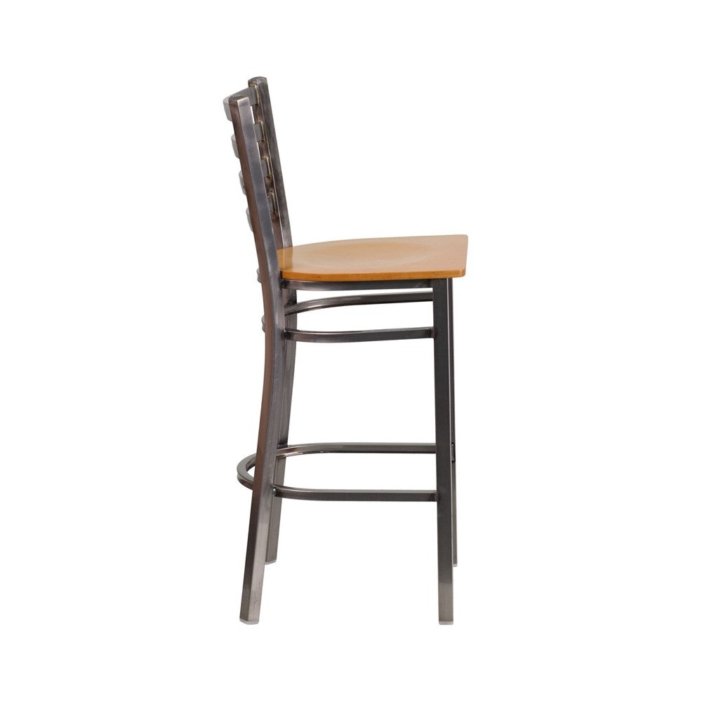 Clear Coated Ladder Back Metal Restaurant Barstool - Natural Wood Seat