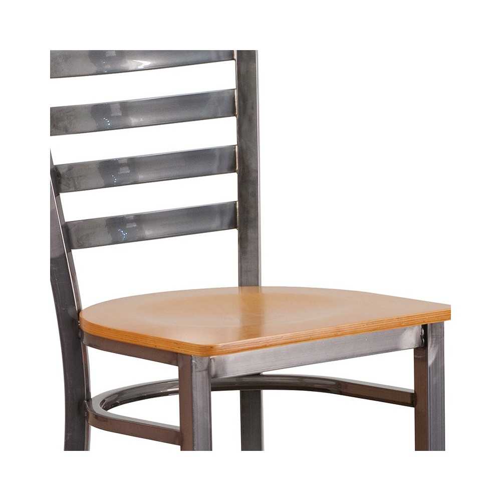 Clear Coated Ladder Back Metal Restaurant Barstool - Natural Wood Seat