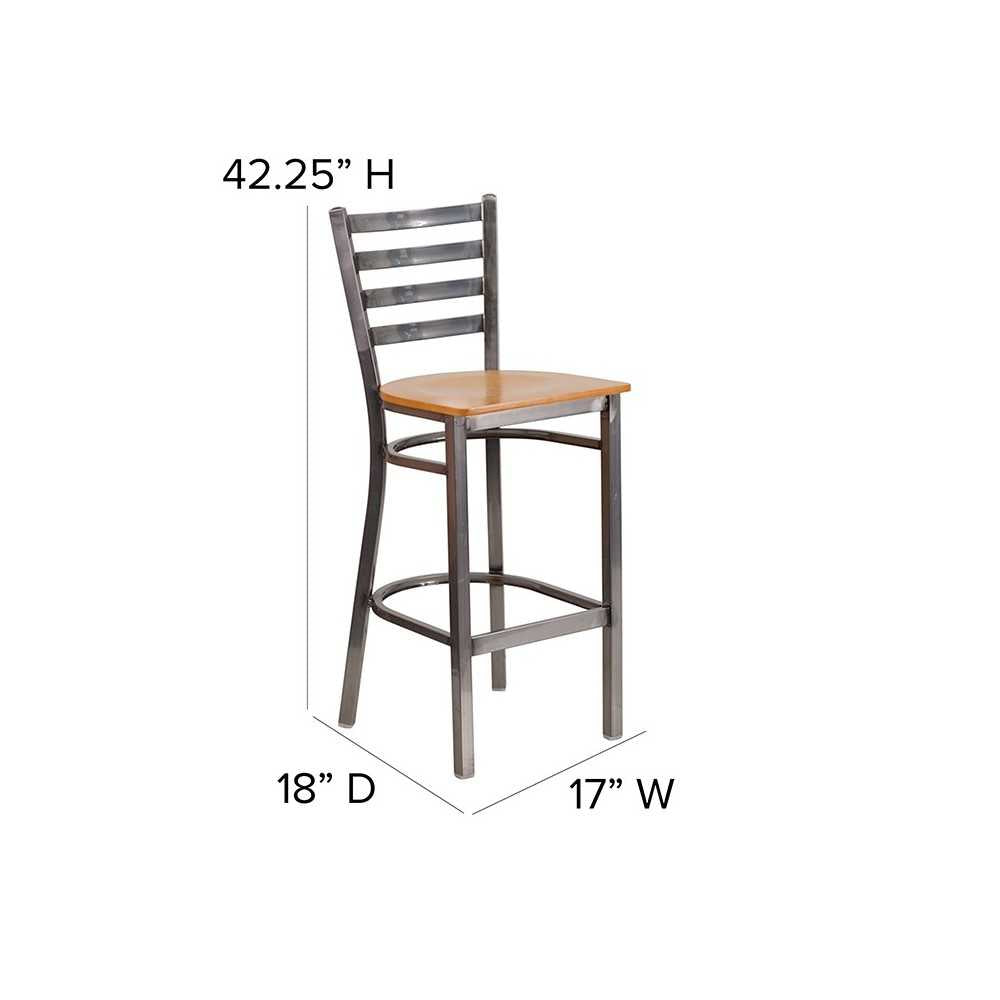 Clear Coated Ladder Back Metal Restaurant Barstool - Natural Wood Seat