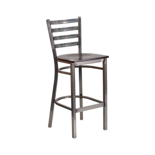 Clear Coated Ladder Back Metal Restaurant Barstool - Walnut Wood Seat