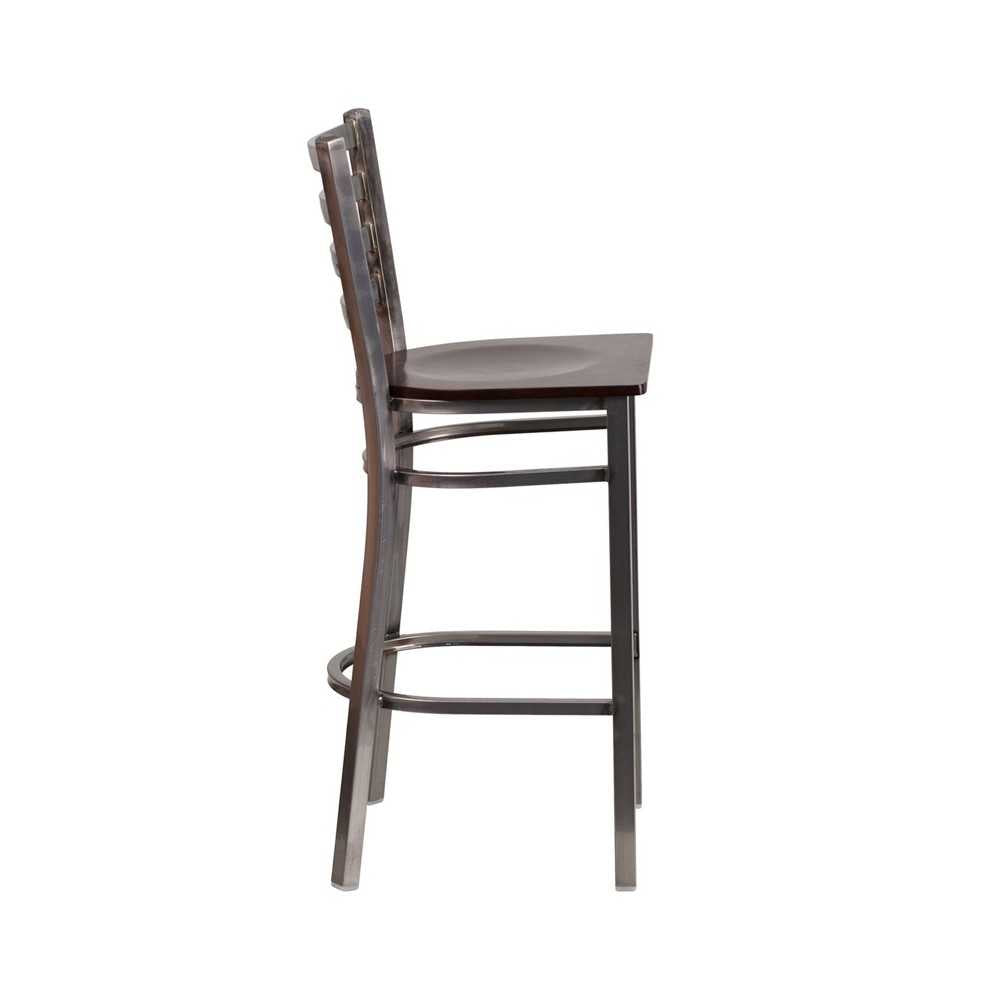 Clear Coated Ladder Back Metal Restaurant Barstool - Walnut Wood Seat