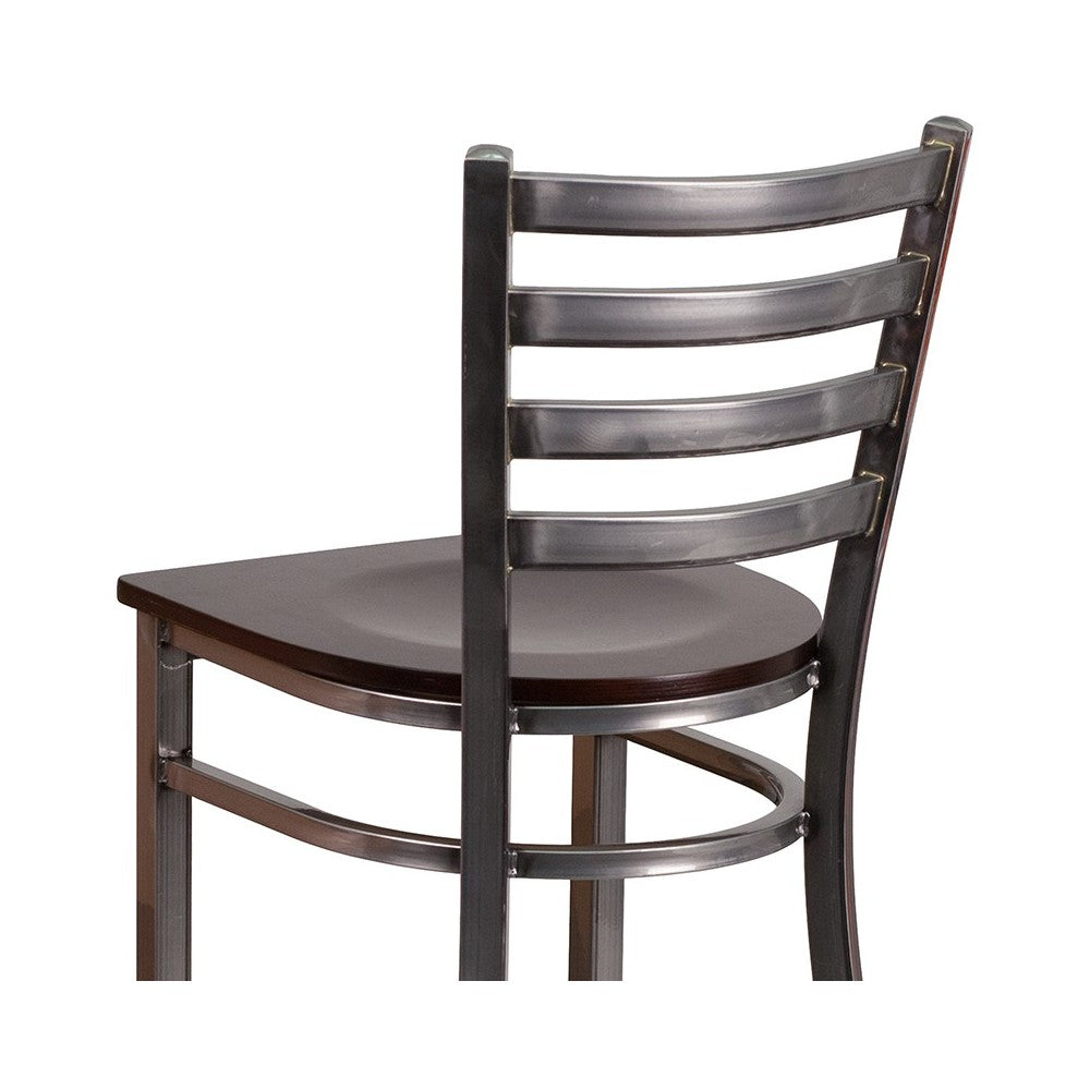 Clear Coated Ladder Back Metal Restaurant Barstool - Walnut Wood Seat