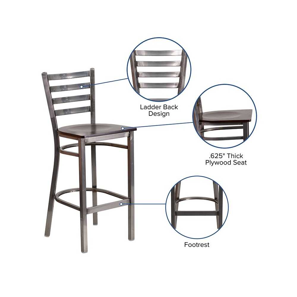 Clear Coated Ladder Back Metal Restaurant Barstool - Walnut Wood Seat