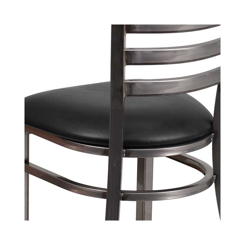 Clear Coated Ladder Back Metal Restaurant Chair - Black Vinyl Seat