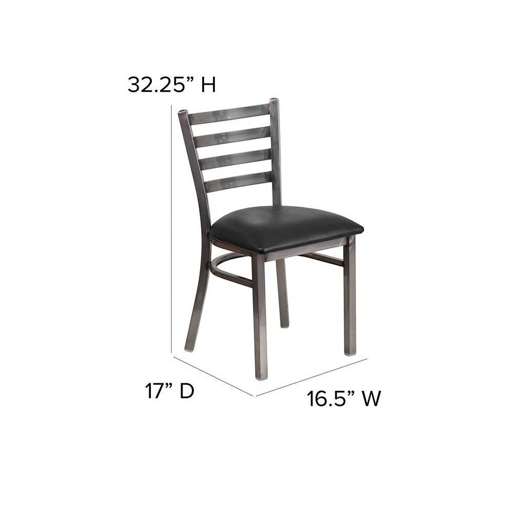 Clear Coated Ladder Back Metal Restaurant Chair - Black Vinyl Seat