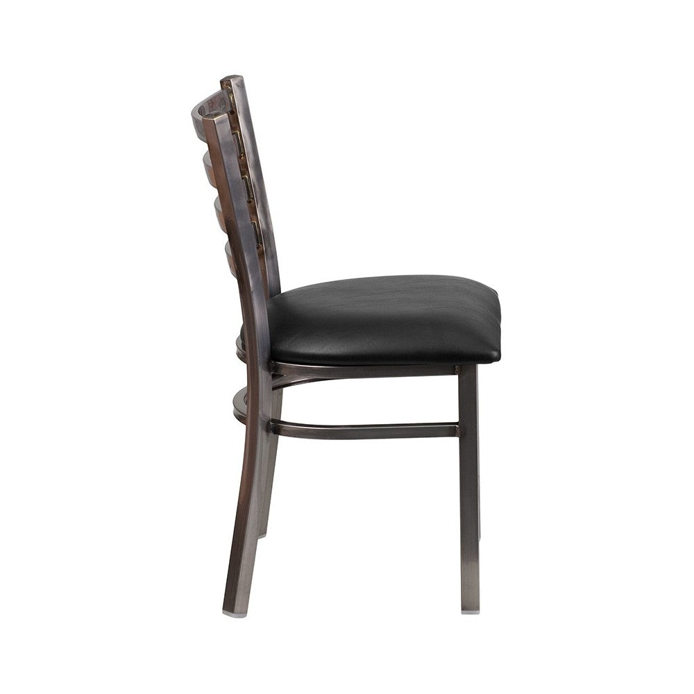 Clear Coated Ladder Back Metal Restaurant Chair - Black Vinyl Seat