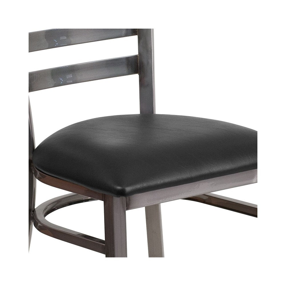 Clear Coated Ladder Back Metal Restaurant Chair - Black Vinyl Seat