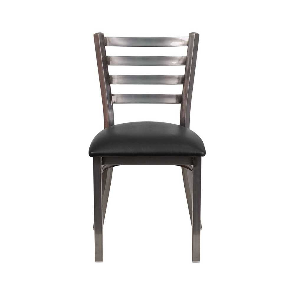 Clear Coated Ladder Back Metal Restaurant Chair - Black Vinyl Seat