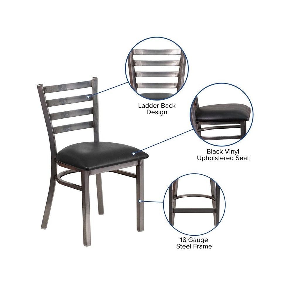 Clear Coated Ladder Back Metal Restaurant Chair - Black Vinyl Seat