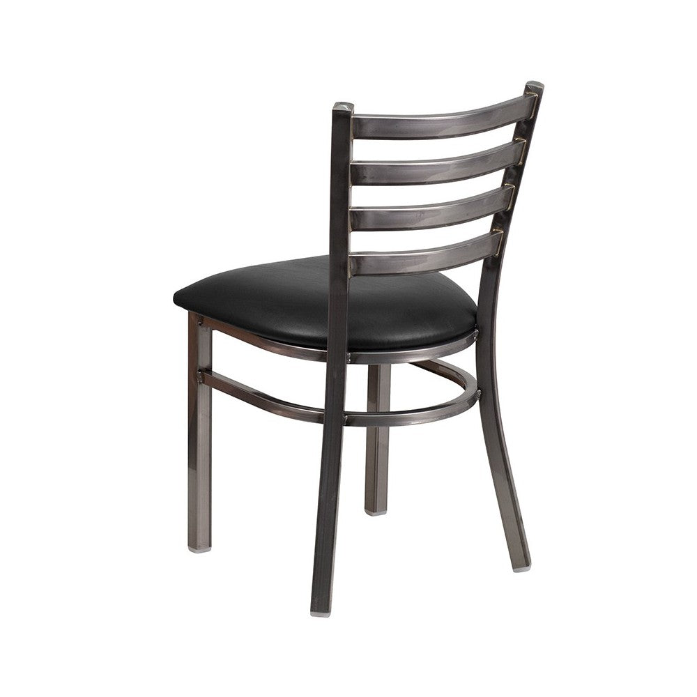 Clear Coated Ladder Back Metal Restaurant Chair - Black Vinyl Seat