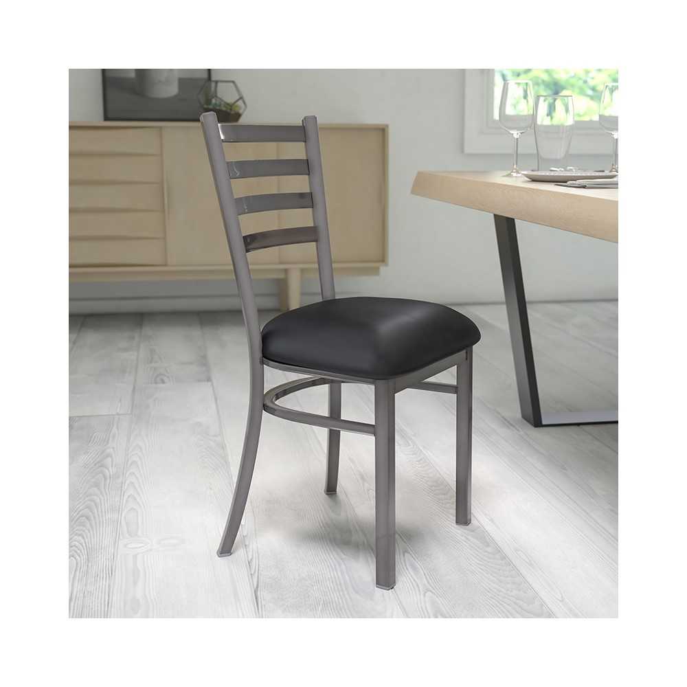 Clear Coated Ladder Back Metal Restaurant Chair - Black Vinyl Seat