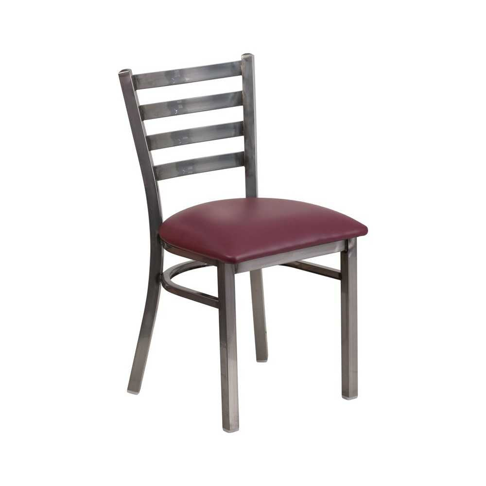Clear Coated Ladder Back Metal Restaurant Chair - Burgundy Vinyl Seat