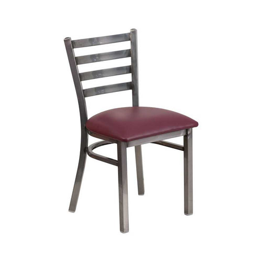 Clear Coated Ladder Back Metal Restaurant Chair - Burgundy Vinyl Seat